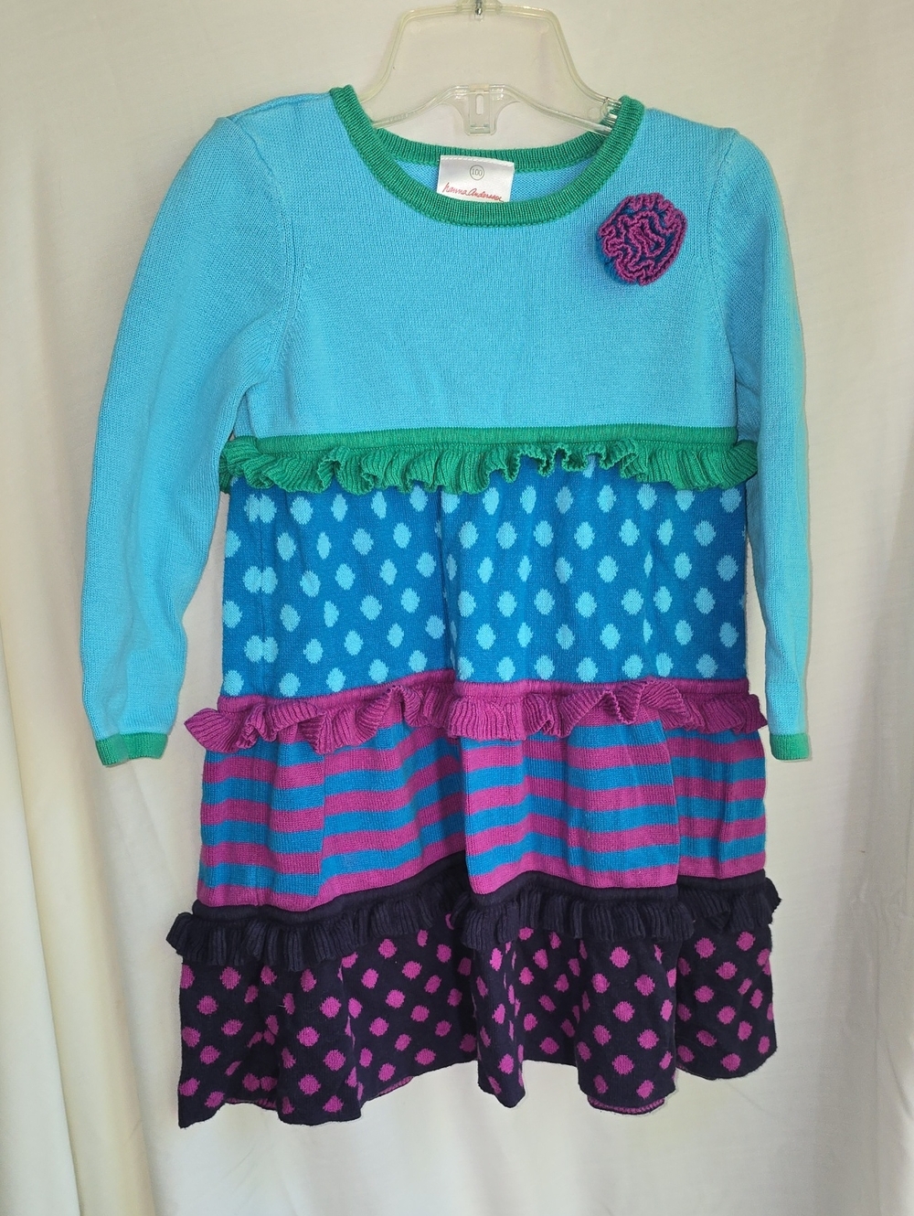 Hanna Andersson Teal, Turquoise & Purple Tiered Knit Dress with Green Trim
